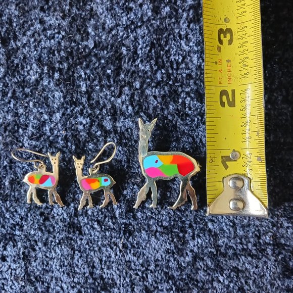 Handcrafted Sterling Silver & Glass Alpaca Brooch and Earrings Set by Krystyna's - Picture 3 of 7